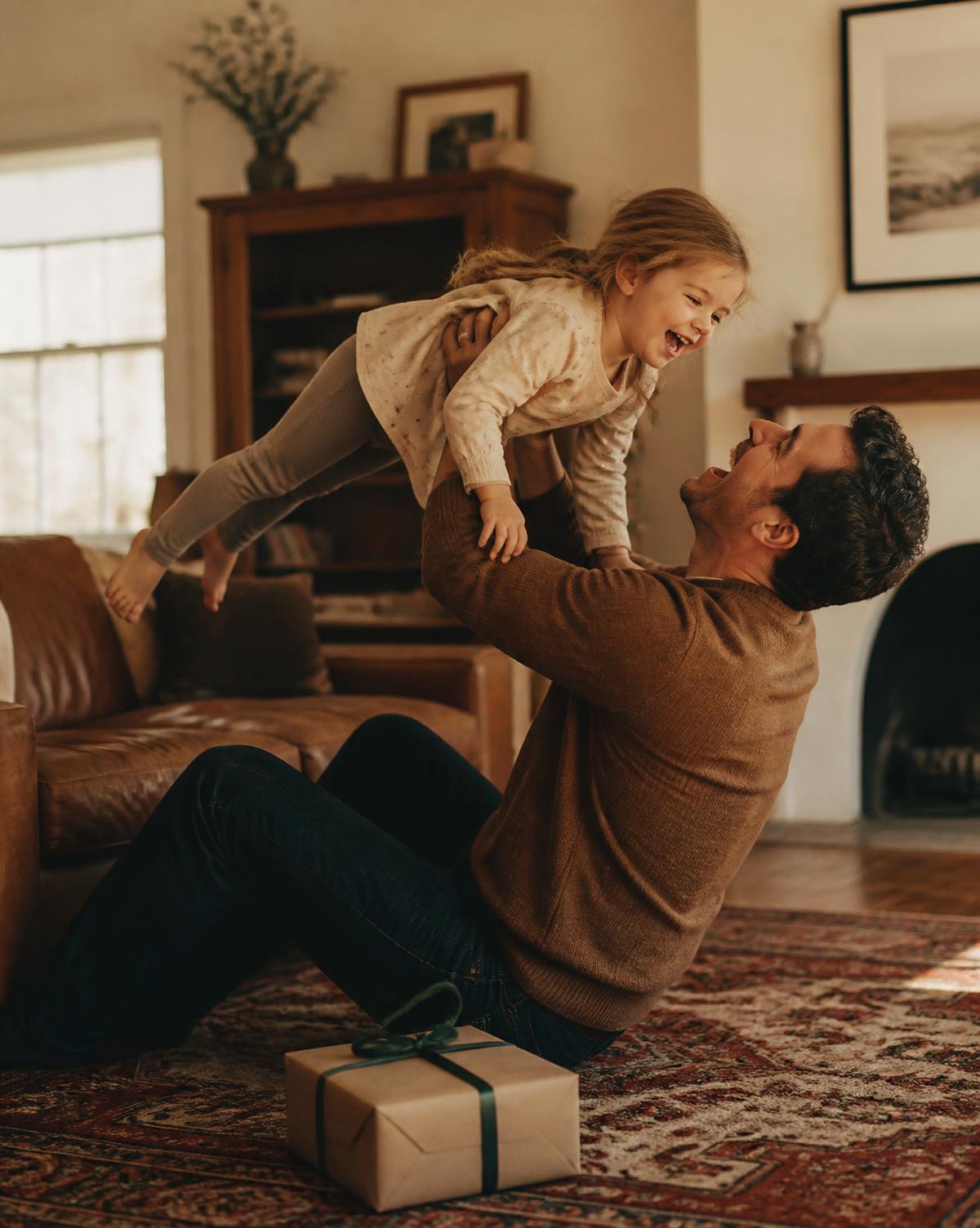 A father lifting his laughing young daughter in a warm living room
