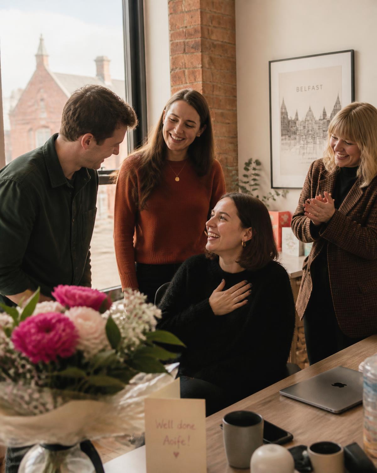 Colleagues in a Belfast office congratulating a co-worker with flowers and a card