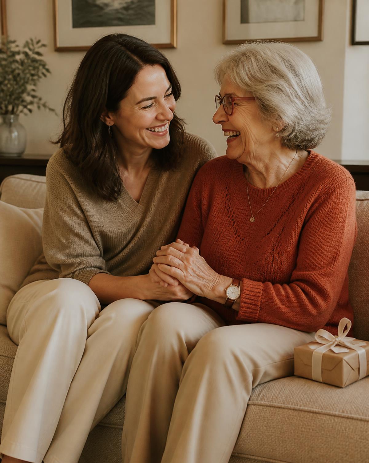 An adult daughter sitting with her older mother on a sofa, holding hands and laughing