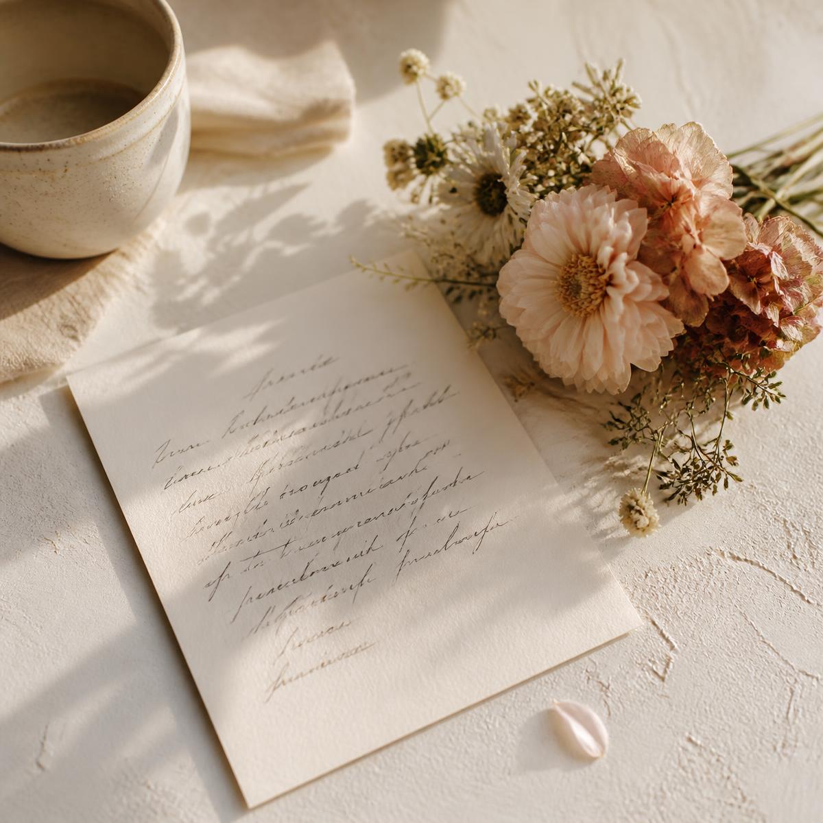 A handwritten note on cream paper beside a small posy of soft seasonal flowers
