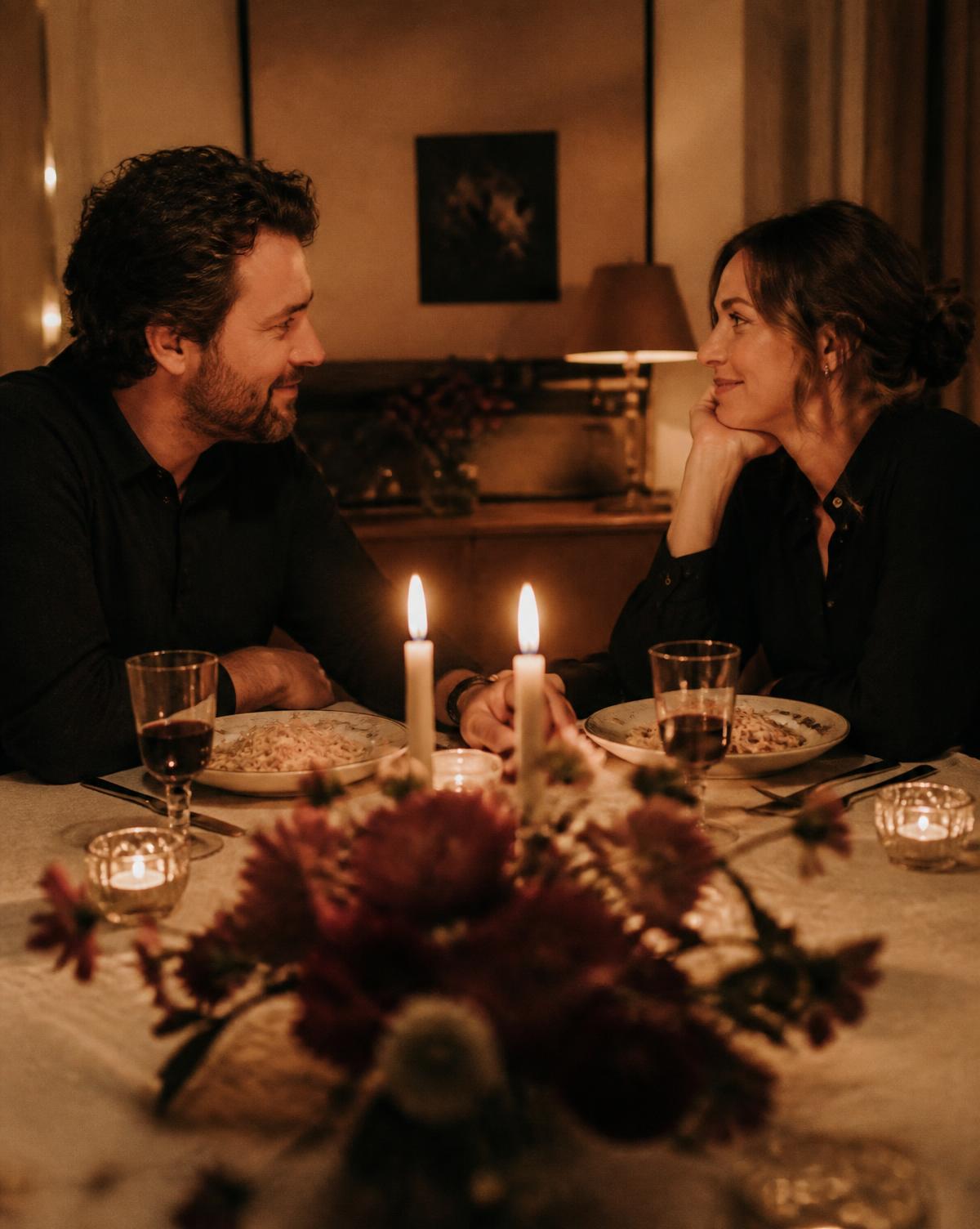 A couple sharing a candlelit anniversary dinner at home with flowers on the table