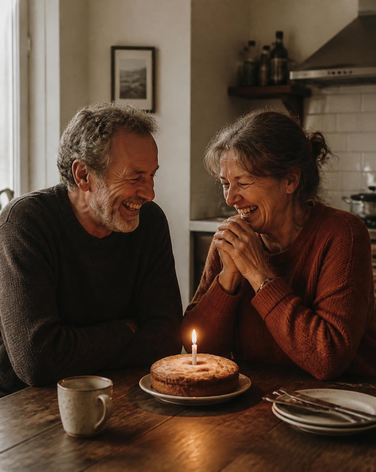 An older couple laughing together at a kitchen table over a small birthday cake with a lit candle