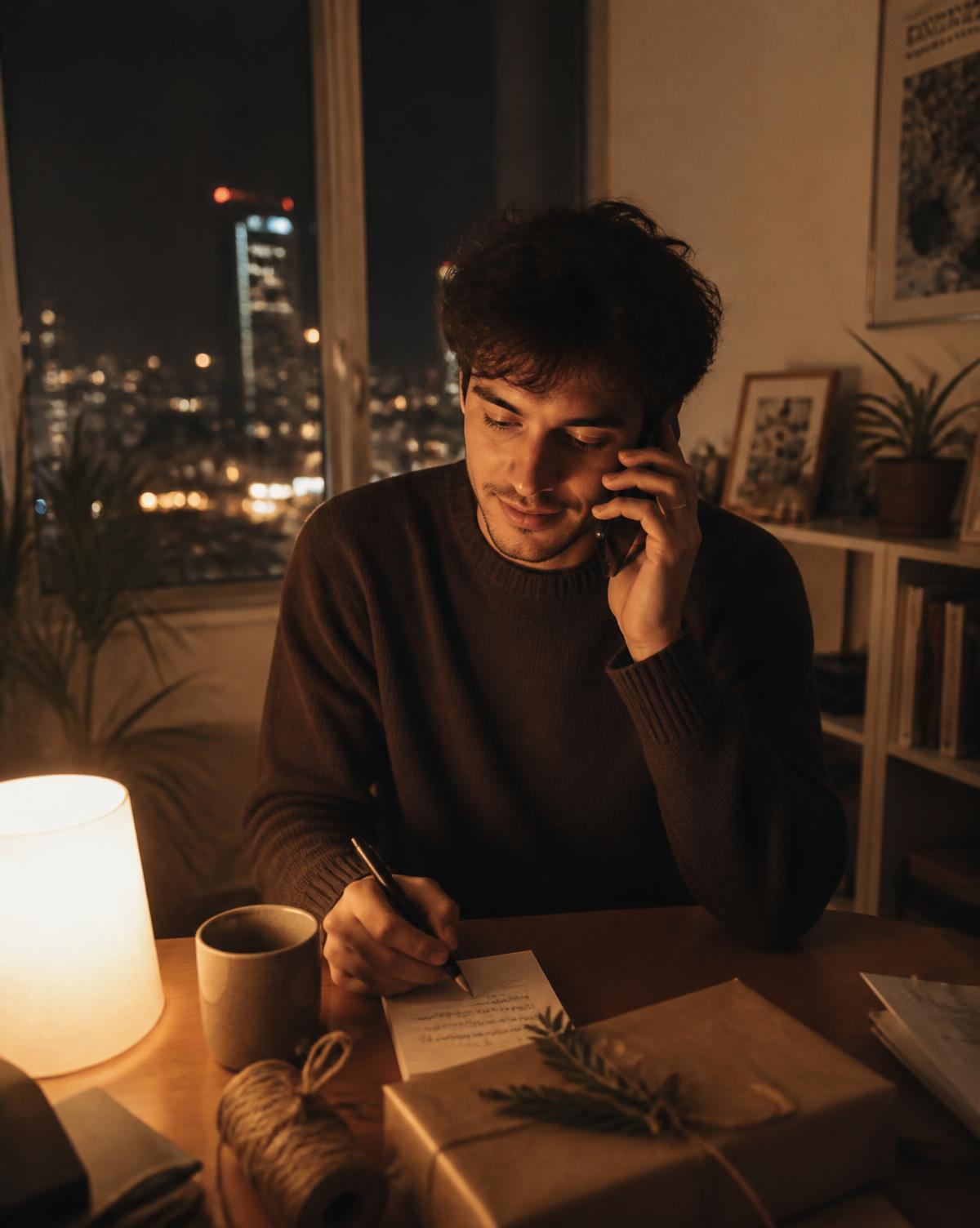 A man in a city apartment at night on the phone, writing a card beside a wrapped parcel
