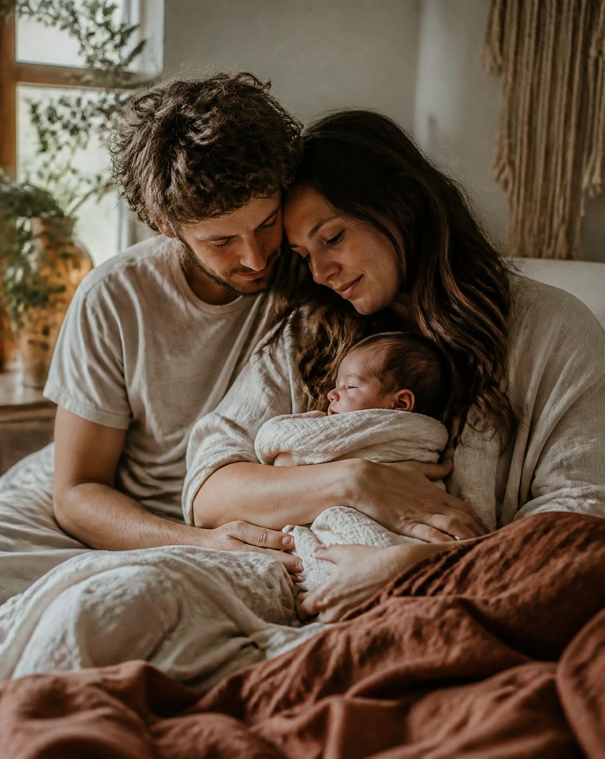 New parents sitting together at home holding their newborn baby