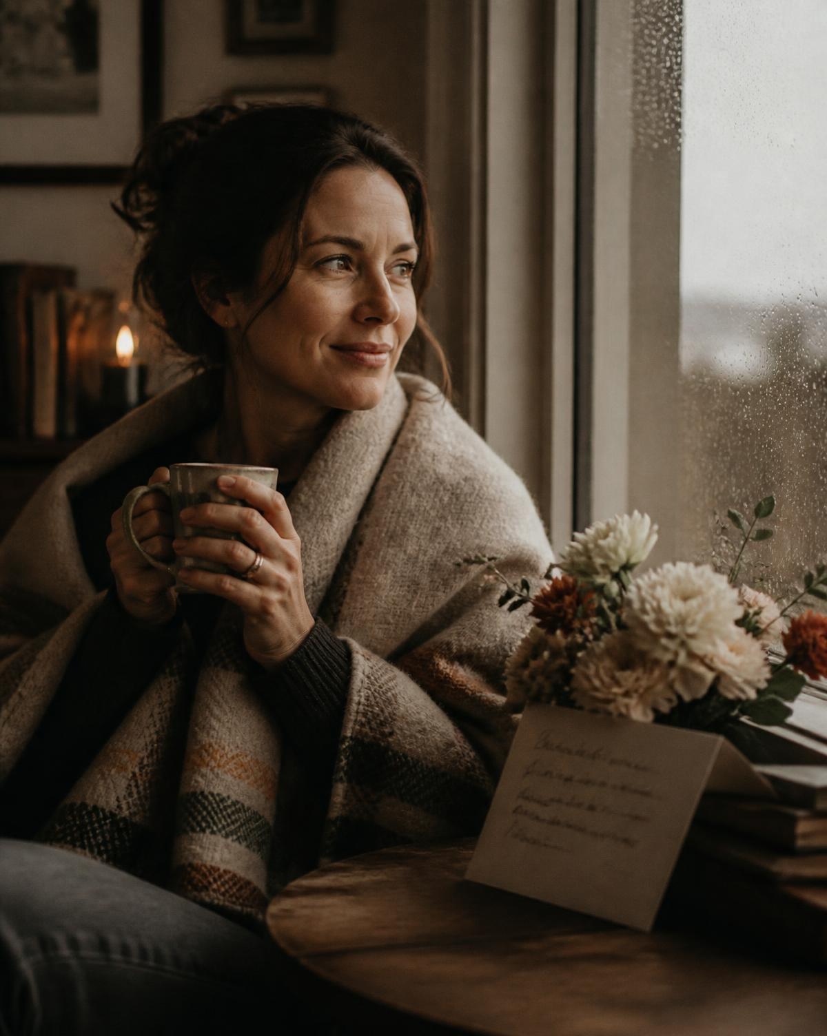 A woman wrapped in a blanket by a rainy window with a mug, flowers and a handwritten card beside her