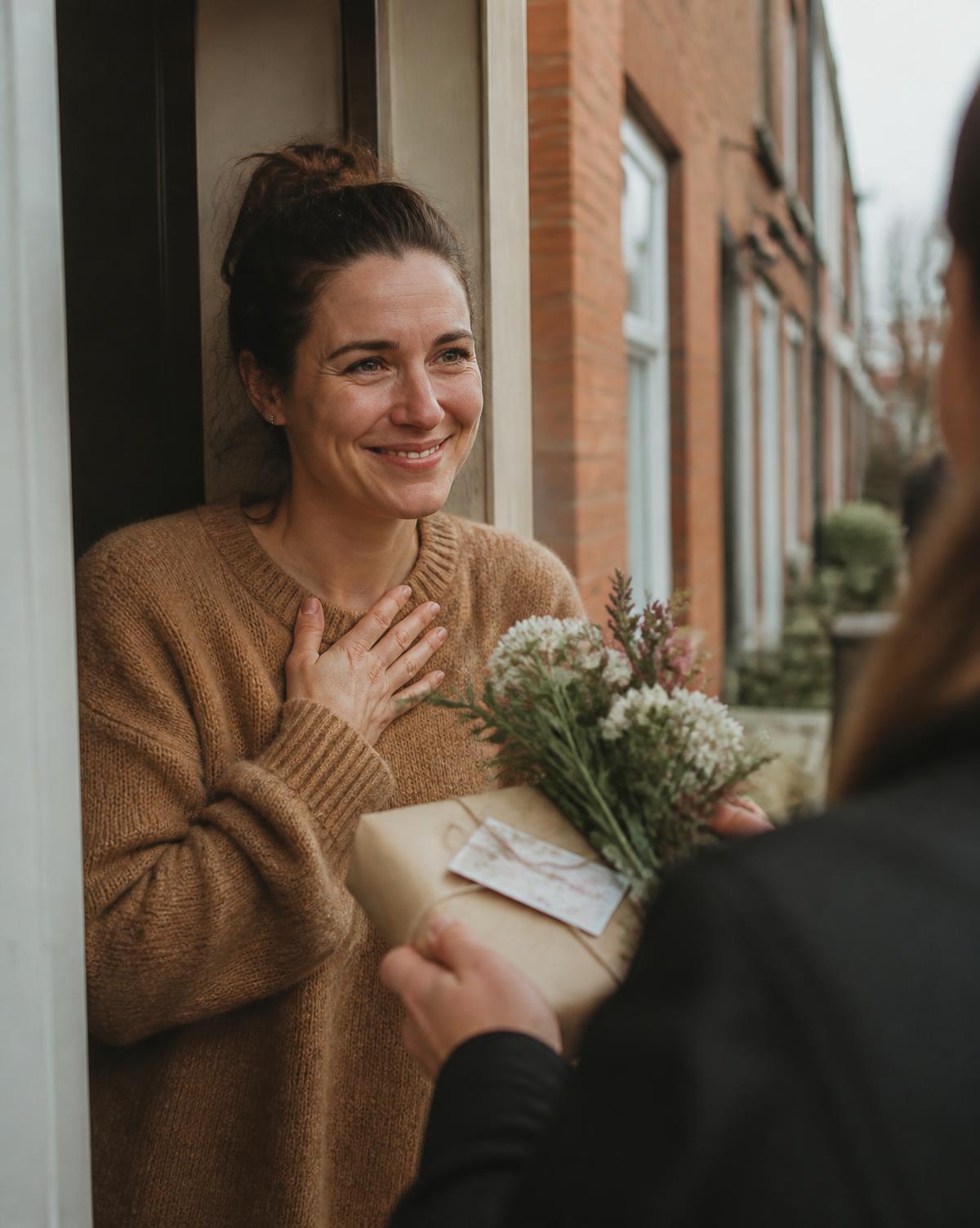 A woman at her front door, hand on her heart, as a parcel and posy are handed to her