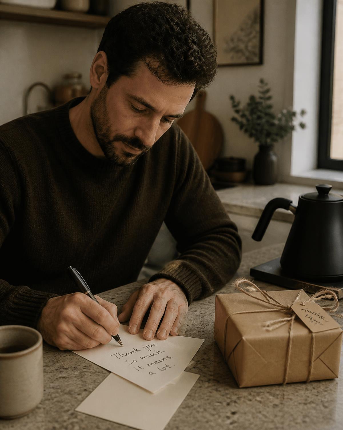 A man at a kitchen counter writing a thank-you note beside a wrapped parcel